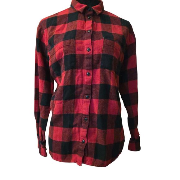 Madewell Oversized M Red Black Check Plaid Shirt Button Down Flannel Preppy - Picture 1 of 10